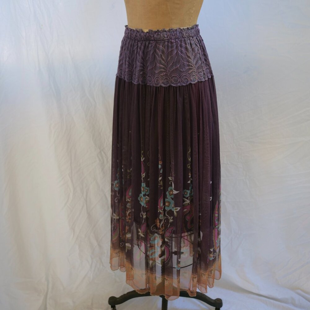 RIO COLLECTION Mauve Plum Floral Chiffon Full Soft Pleated Skirt Boho M/L EUC - Picture 5 of 9